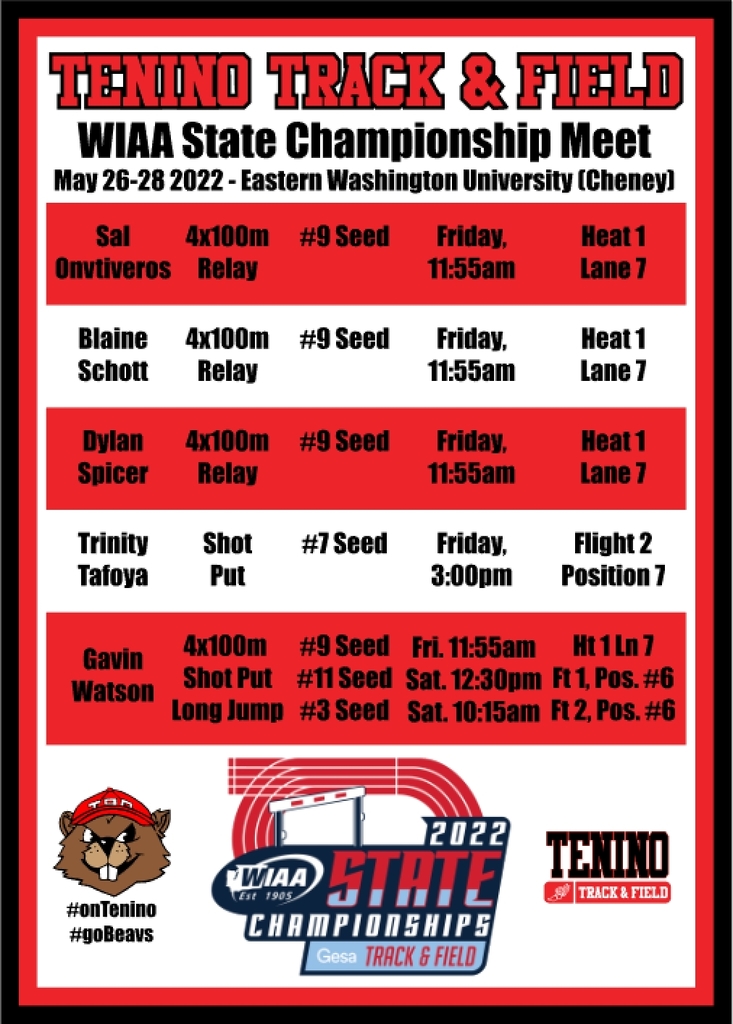 TeninoSD's tweet photo. Congrats to our Track Athletes that have qualified and will be competing today at the State Track &amp; Field Championships in Cheney, WA!! Trinity Tafoya, Blaine Schott, Dylan Spicer, Salvador Ontiveros, &amp; Gavin Watson will be representing for Tenino so Good Luck Track &amp; Field!! https://t.co/Co1002Y013