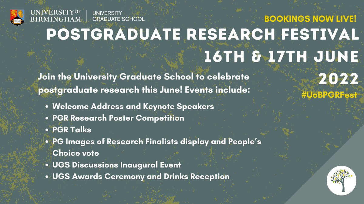 Bookings are live 🙌
Join the <a href="/unibirmingham/">Uni of Birmingham</a> Postgraduate Research Festival by booking on Eventbrite now!
👉uobpgrfest22.eventbrite.co.uk

Most events open to all staff and students interested in postgraduate research - a particular welcome to PGTs and UGs considering PG study!