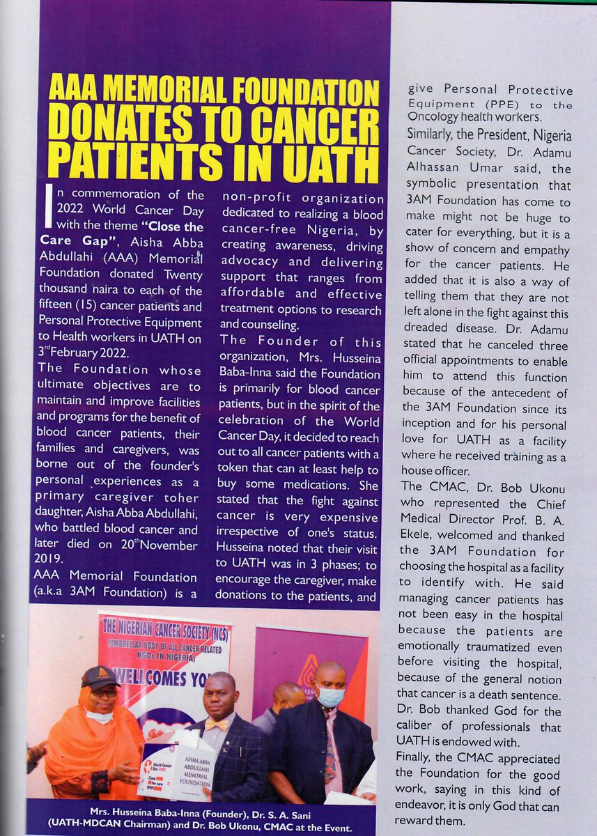 The University of Abuja Teaching Hospital has honored us on a page of their Bulletin highlighting our donation on world cancer day. Thank you UATH. We will continue to play our parts in the fight against Cancer.

#3amfcares #uicc #medicalsupplies #hospitalvisit #WorldCancerDay