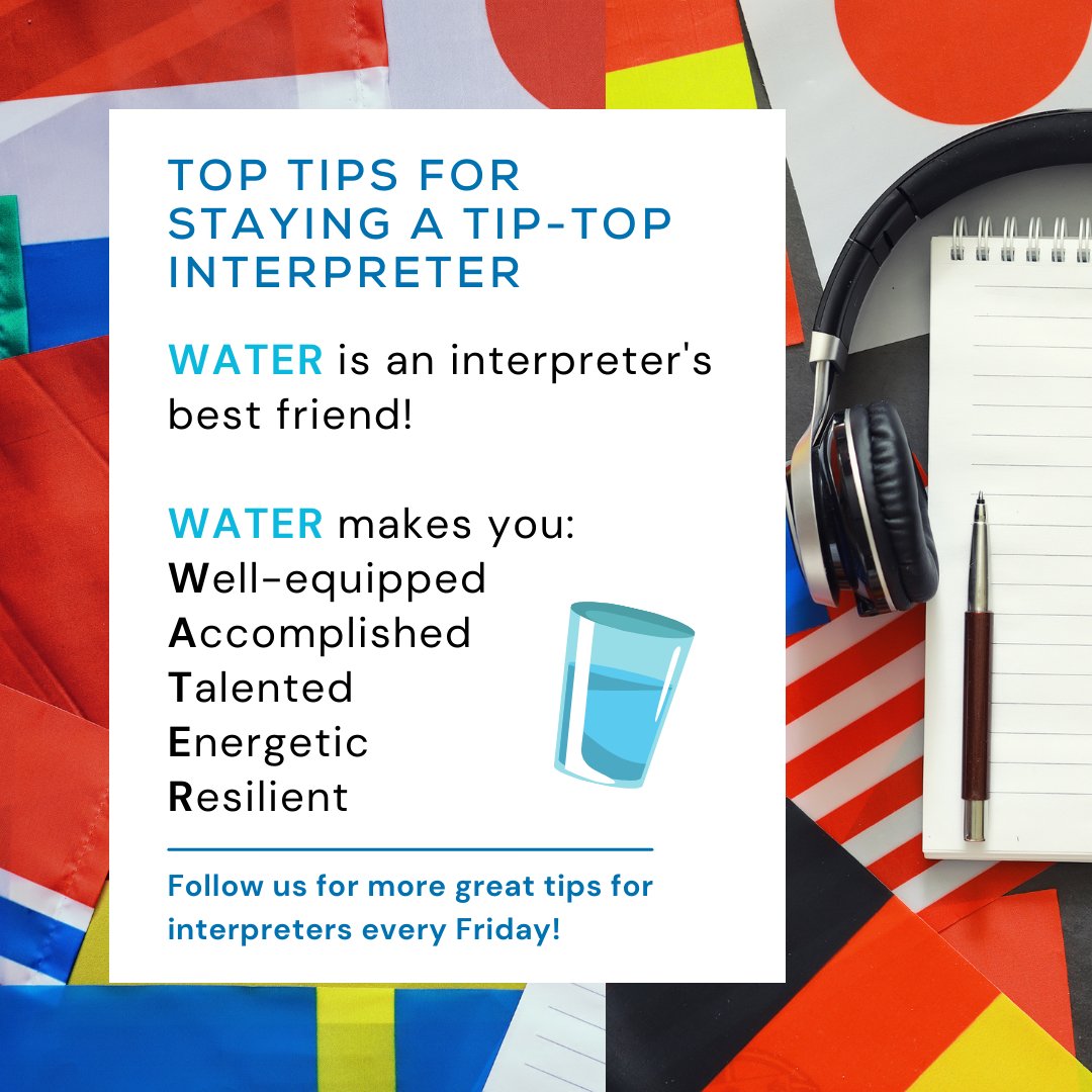 LSAWeb's tweet image. WATER is an interpreter&apos;s best friend!

WATER makes you:
Well-equipped
Accomplished
Talented
Energetic
Resilient

#TipsforInterpreters #InterpreterTips #IndustryCare #SelfCare #ProfessionalDevelopment #ProfessionalCare #LSP