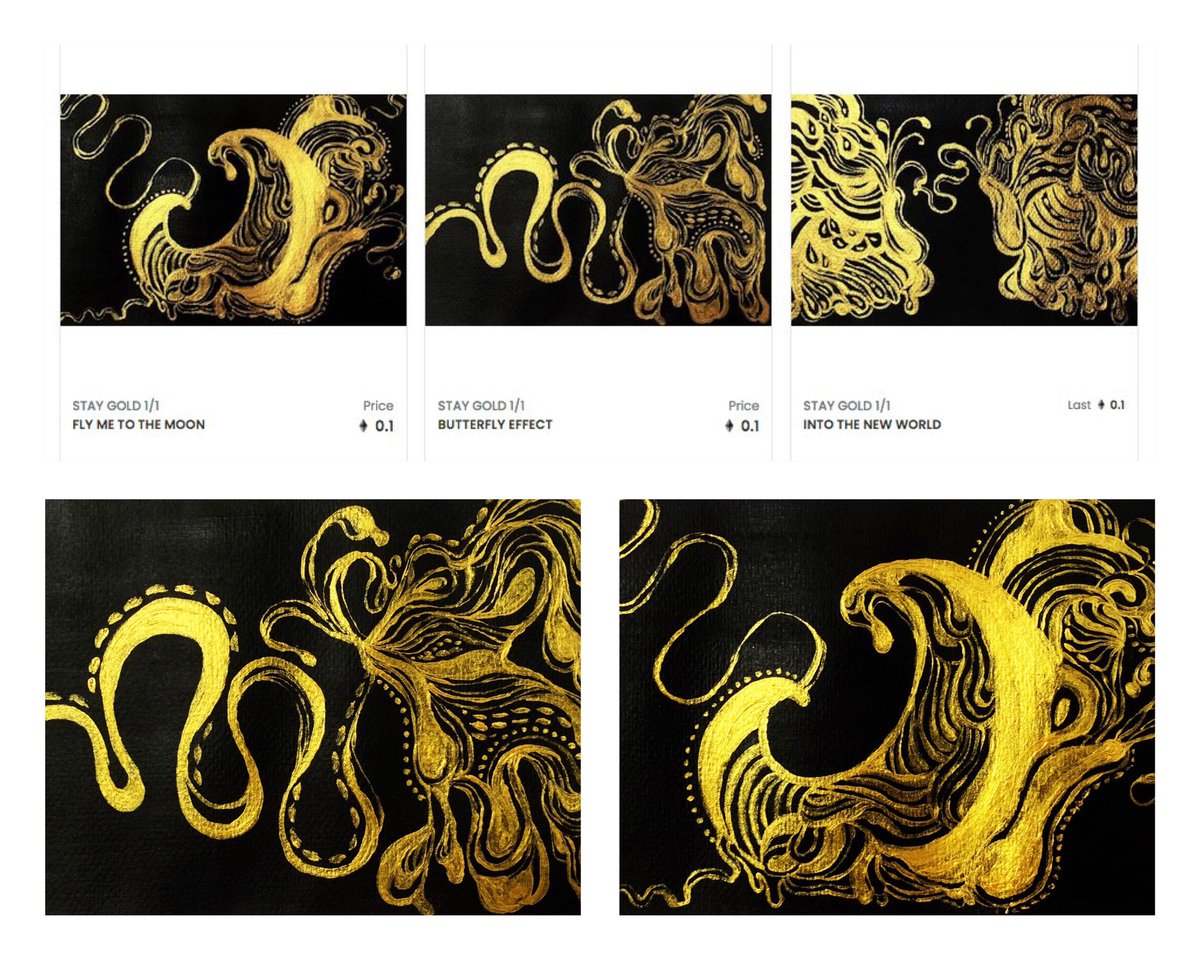 STAY GOLD
1/1s Acrylic painting collection
0.1 $ETH  

🦋BUTTERFLY EFFECT🦋
🌜FLY ME TO THE MOON🌛
✨INTO THE NEW WORLD✨ ( sold )

💌 opensea.io/collection/sta…

#NFTcommunity #nftart #nftpainting #nftcollector #NFTdrops #NFTartists #NFTs #ETH