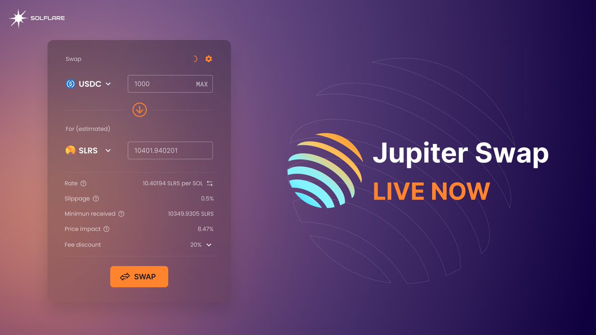 We have now integrated <a href="/JupiterExchange/">Jupiter</a> onto Solflare! 🔥

Enjoy seamless swaps with the best prices, highest liquidity and the lowest fees on Solana.💰

Live on Web, Extension on Monday, Mobile coming soon. 🔜