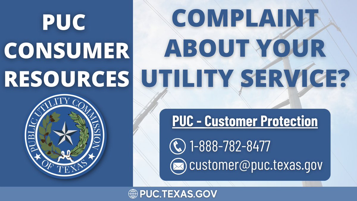 PUCTX's tweet image. If you have a complaint about your water, sewer, electric or telecom utility, the PUC is here to help. To learn about our complaint procedure, read more here:bit.ly/PUCTX-COMPLAIN… #ServingTexans