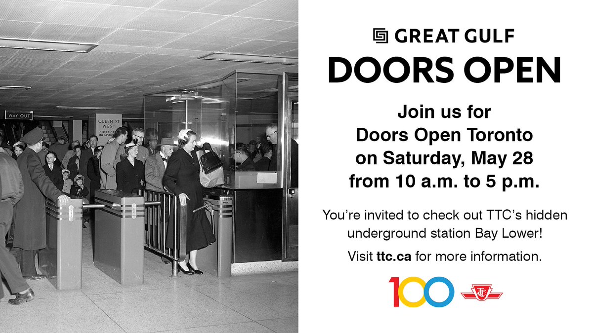 TTChelps's tweet photo. Did you know the TTC has a hidden station? Tomorrow, May 28 from 10 a.m. to 5 p.m. Bay Lower will be open to the public as a part of @Doors_OpenTO celebrating the TTC’s 100th anniversary. 

Learn more about the event: https://t.co/NkwRfXLVST 

#100YearsofTTC https://t.co/Tw4Ua4ORBp