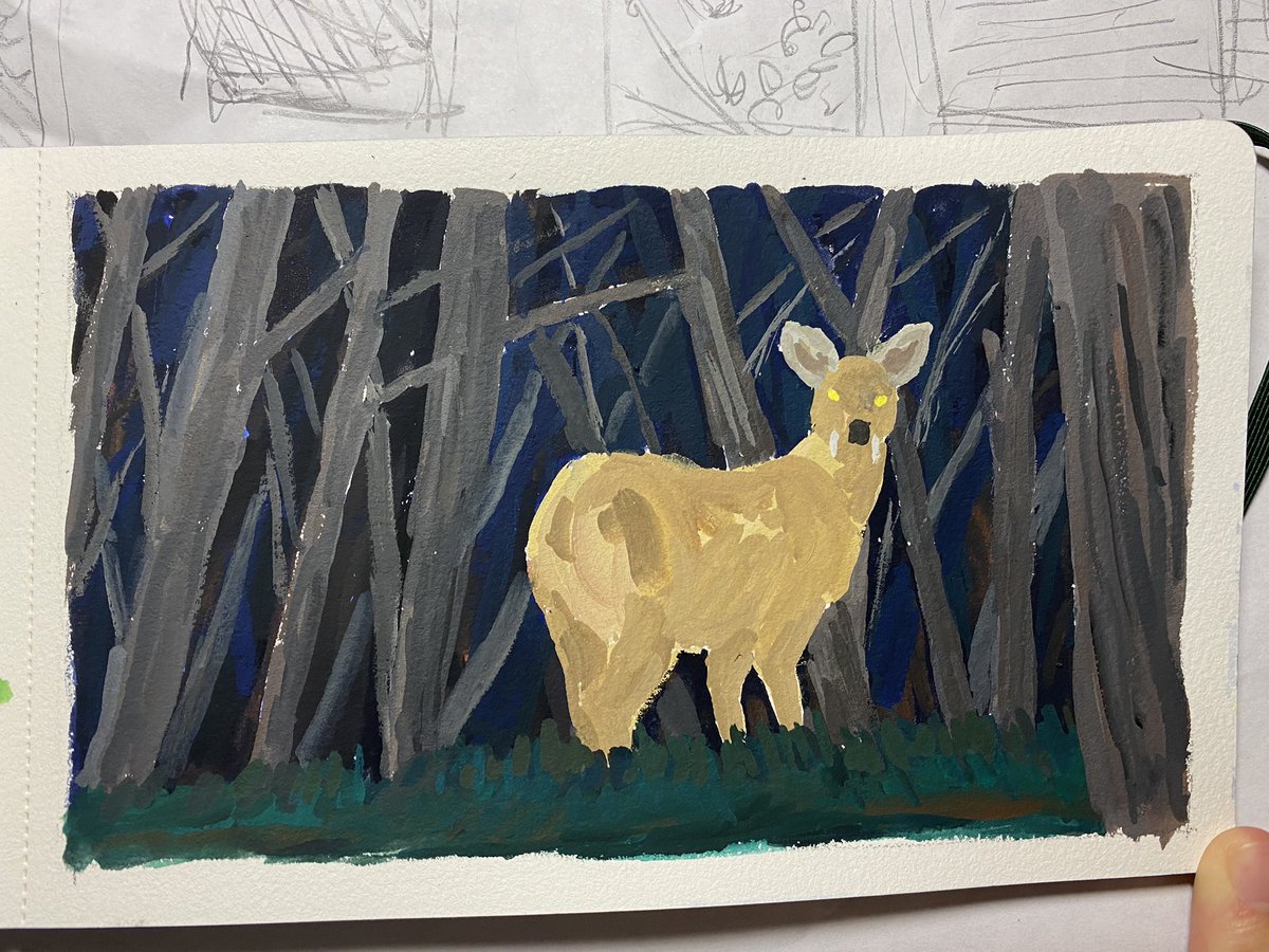 drainpipeeee's tweet photo. Last night we saw 2 water deer!
With heavy muscle and eyes flickering like lightbulbs.

#gouache #waterdeer #wildlifeart #sketch #fieldsketch #naturejournal https://t.co/fY9pFyOFsh
