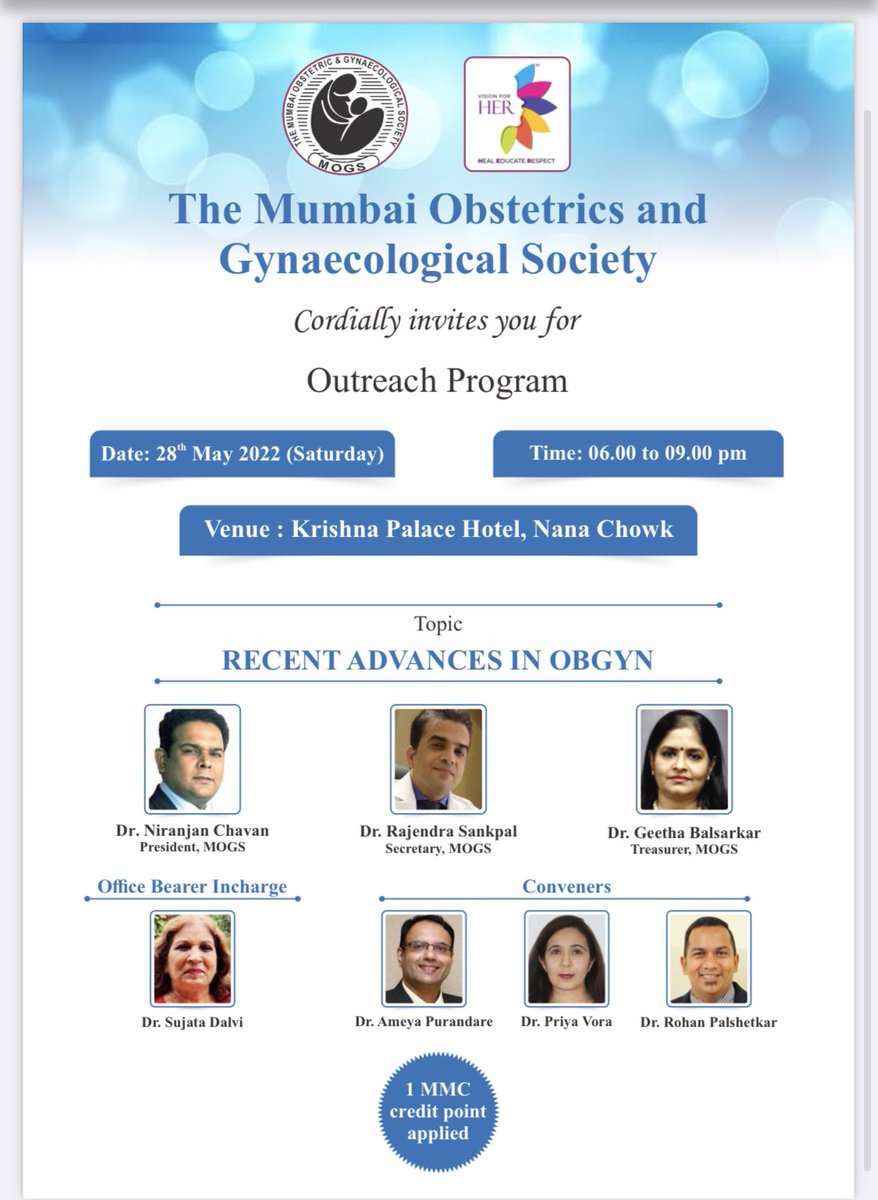 Niru22's tweet photo. @MOGSHQ invites you for #Outreach #Program on #Recent #Advances in #OBGYN. on Saturday, 28th May,2022 at Hotel #Krishna #Palace, #NanaChowk from 
6 pm onwards. 
Gain 1 #MMC point. https://t.co/HwOX6IIRIV