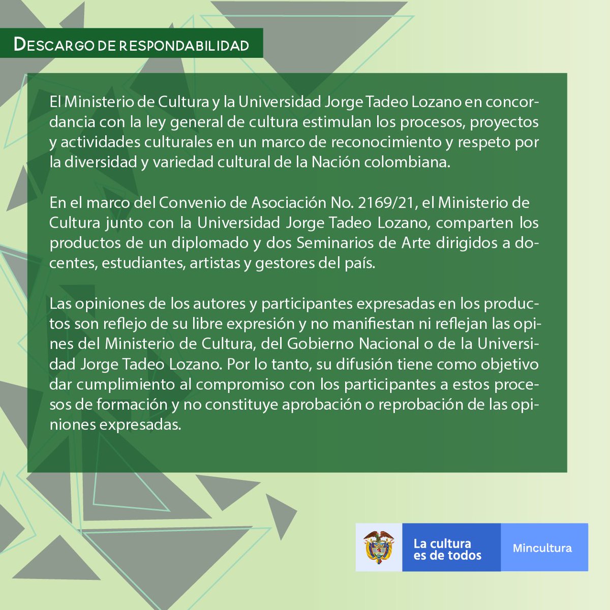 Te invitamos a conocer esta semana los gestos de los participantes del “Taller de Creación I", realizado en el 2021 por el Área de Artes Visuales del Ministerio de Cultura.
Muchas gracias a los que hicieron posible este proceso
#ArtesVisualesMincultura #ProcesosFormativos #Gestos