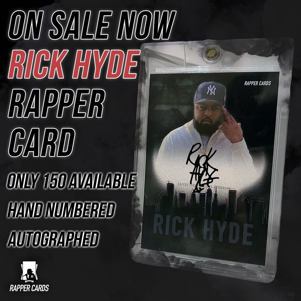 Available NOW at rapper-cards.com Only 150 available and all are signed by @prettyrickyhyde and hand numbered. A few will also be available for purchase this Sunday at Griselda’s concert in Denver.
#rickhyde #RapperCards #thehobby #hiphop #bigbsf #griselda #buffalo #denver
