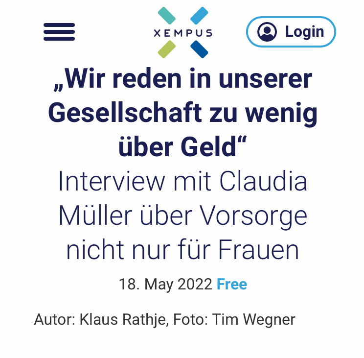Klaus Rathje (@klausrathje) on Twitter photo #Frauen sind stärker von #Altersarmut betroffen als Männer. Warum das so ist und wie sich am besten gegensteuern lässt, weiß Claudia Müller, Gründerin vom <a href="/Female_Finance/">Claudia Müller</a> Forum, die ich für den Newsroom von der @XempusAg interviewt habe.
xempus.com/pub/c/an-rente… #Frauen sind stärker von #Altersarmut betroffen als Männer. Warum das so ist und wie sich am besten gegensteuern lässt, weiß Claudia Müller, Gründerin vom <a href="/Female_Finance/">Claudia Müller</a> Forum, die ich für den Newsroom von der @XempusAg interviewt habe.
xempus.com/pub/c/an-rente…