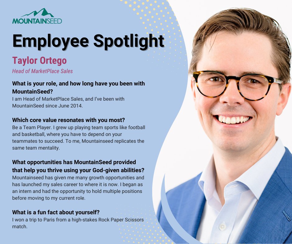 What's the perfect example of a Team Player? We've found it with Taylor Ortego, Head of MarketPlace Sales.

While playing sports throughout his youth, Taylor learned the value of teamwork. Now, he's an MVP on the field and in his role at MountainSeed! 

#MeetMountainSeed