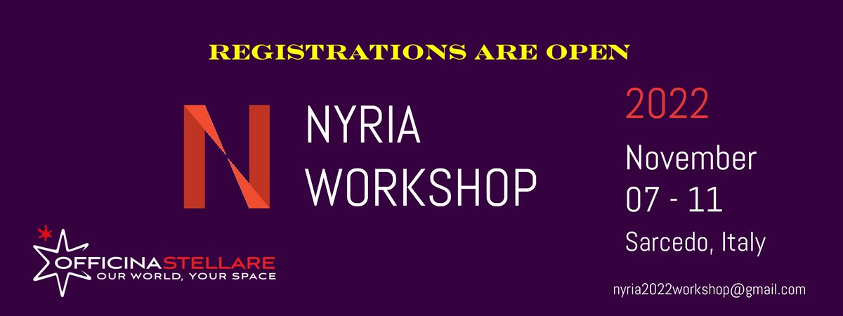 angeliuska's tweet photo. @NYRIA #workshop 2022 is open!
dates: November 7 to 11, 2022, in Sarcedo, Italy
Application form: https://t.co/gYOT5KhS5b
Application deadline: June 30, 2022
Answers: July 12, 2022
fee: 60€
Contact: nyria2022workshop@gmail.com
For Young Instrumentation for Astronomy researchers https://t.co/K95SwvWYVB