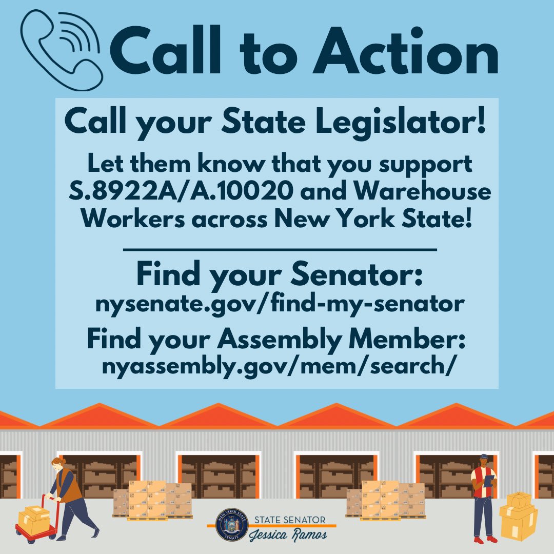 NYSenatorRamos's tweet photo. Help show your support for warehouse workers by calling your NYS Legislator and ensuring they support the #WWPA too. Let’s get this bill passed!
Find your Senator ➡️ https://t.co/gVp9OaFqNf
Find your Assembly Member ➡️ https://t.co/w6drLRrA1m https://t.co/11Q4RuuowL