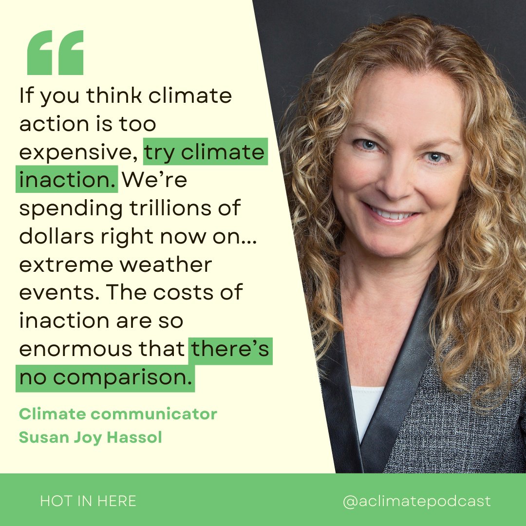🚨🎙️A new episode, featuring #climatechange communicator Susan Joy Hassol, will be out on Monday.

<a href="/ClimateComms/">Susan Joy Hassol, Climate Communication</a> says the costs of #climateaction are tiny compared to inaction.