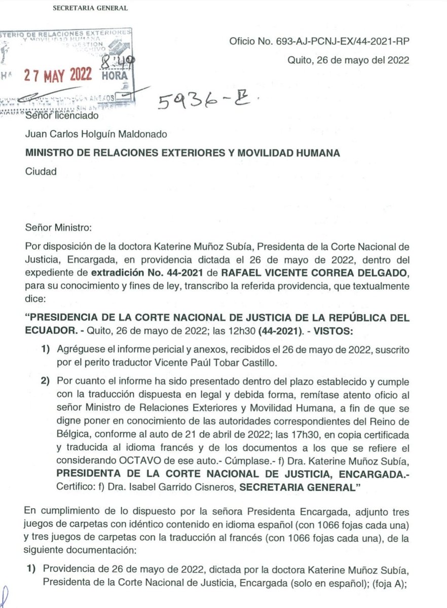 semarco's tweet photo. Kathy Muñoz, la nueva presidente de la Corte Nacional de Justicia, hizo en UNA SEMANA lo que el vago pone-trabas de Saquicela no hizo en dos años.
Ya está traducida y lista la extradición de Correa, ya  reposa en el Ministerio de relaciones exteriores.
#RedDeTuiterosDemocraticos https://t.co/Hjtwr5tyL3