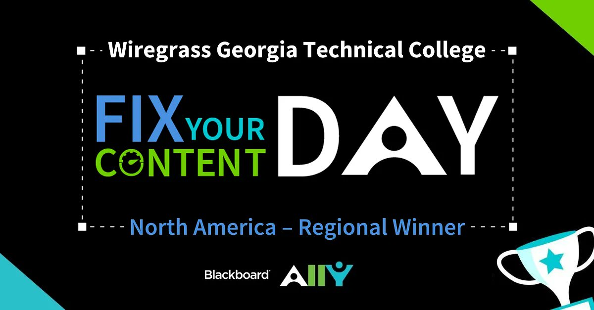 Blackboard's tweet image. 🎉🥳🎈 to @wiregrasstech, the North America regional 1st place winner during the 2022 #Fixyourcontent Day competition.