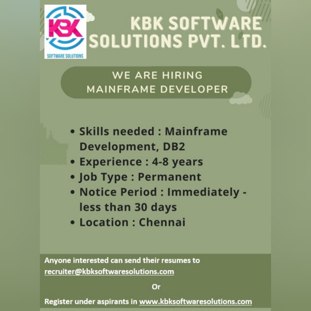 kbk_software's tweet image. For more details contact
Email : info@kbksoftwaresolutions.com
#hiring #mainframedeveloper #db2 #permanentjob #chennai #kbk