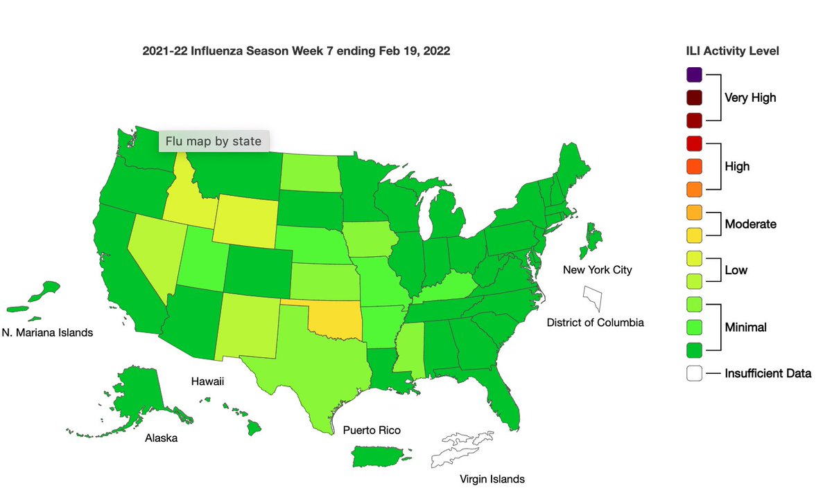 HelenBranswell's tweet photo. 1. More evidence that this is an extremely wonky #flu season. 
Flu activity is picking up in some parts of the country, @cdcgov reports. Someone tell the viruses it's the end of May!
There's more flu activity now (map on the right) than in mid-February (left). 
A 🧵 https://t.co/Uw5GPozllE