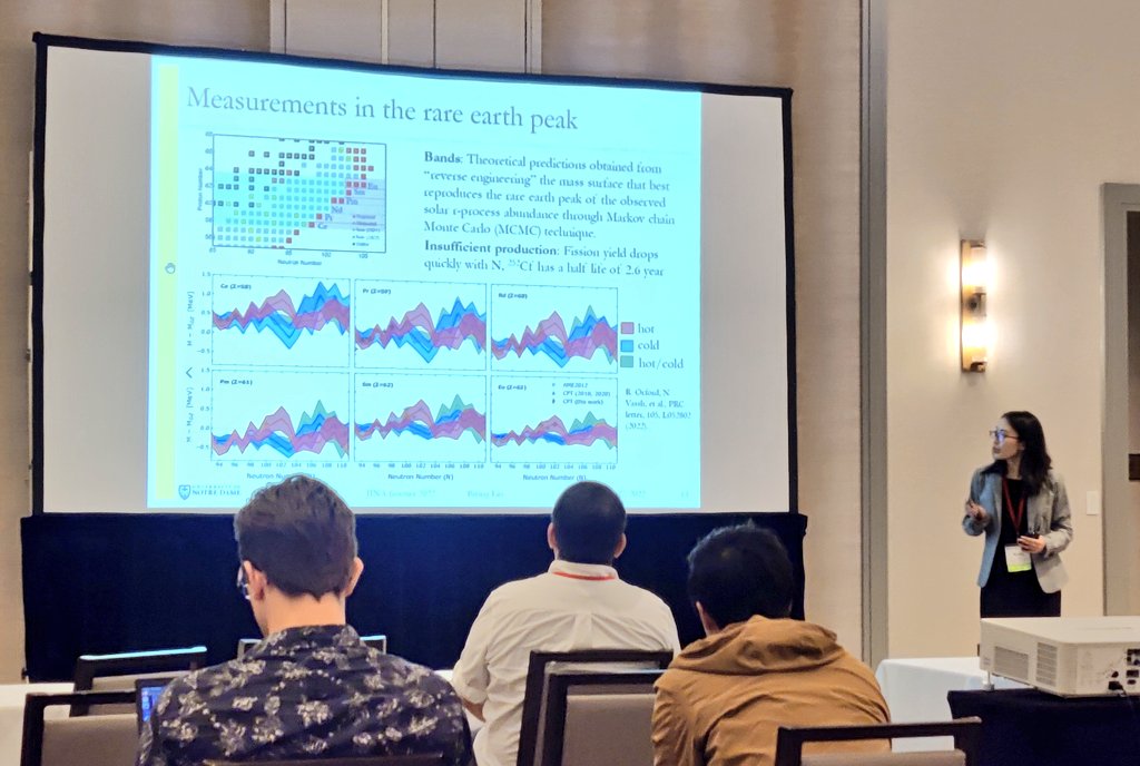 Starlock_Holmes's tweet photo. Biying Liu show nuclear mass measurements in the rare-earth region with the Canadian Penning Trap and compares them to reverse-engineering predictions. Check out the results in Orford, Vassh, et al. (2022). The N=126 factory will do even more this year! #JINAFrontiers https://t.co/PaKk5urG0R