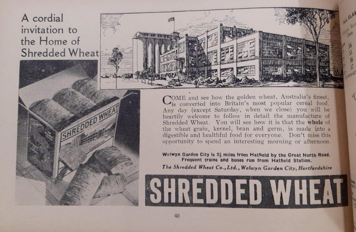 HertsArchives's tweet photo. For decades Welwyn Garden City was known for its Shredded Wheat factory. This advert from the mid 1930s offers tours for visitors to look around the factory and see how the cereal was made (except for on Saturdays) #Hertfordshire #WelwynGardenCity https://t.co/u0iP93MMBX