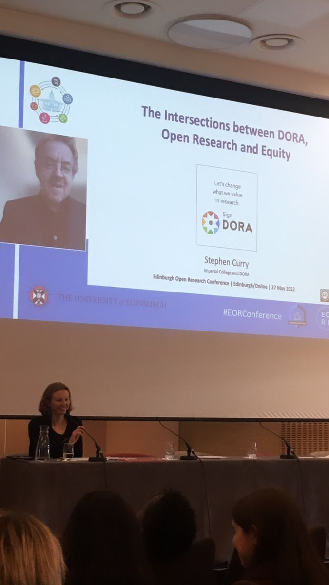 Already time for the last talk of the day: thank you to our keynote speaker @Stephen_Curry for this excellent wrap-up to a busy & thought-provoking day! Whether you're w us in person or online, keep on sharing your highlights w us! #EORConference @edinburgh_open @ResearchDataUoE