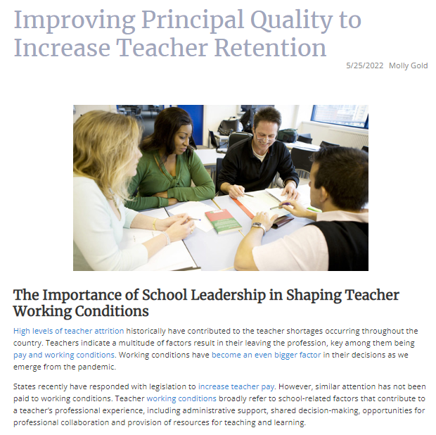 Recent research from <a href="/WallaceFdn/">Wallace Foundation</a> shows effective school principals retain more teachers, particularly effective teachers. Read about state policy considerations aimed to facilitate the development to improve principal quality to increase teacher retention:
tinyurl.com/2s3pnp23