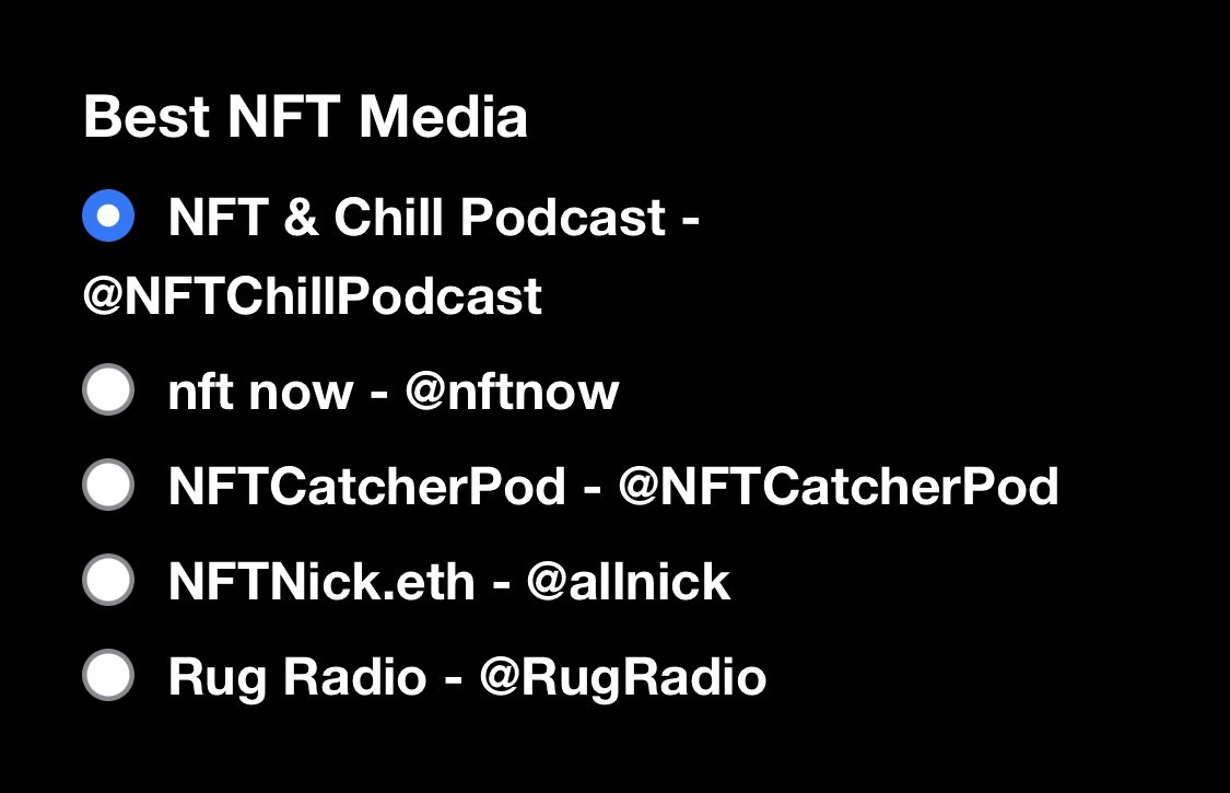 NFTandChill_'s tweet image. NFT &amp;amp; Chill is a finalist for Best NFT Media @NFT_NYC🚨

Thank you to everyone who nominated the show🙏🏻

👉Vote NFT &amp;amp; Chill here: nft.nyc/awards

#NFTNYC #NFTCommunity #Web3 #podcast #pod #NFTNYC2022