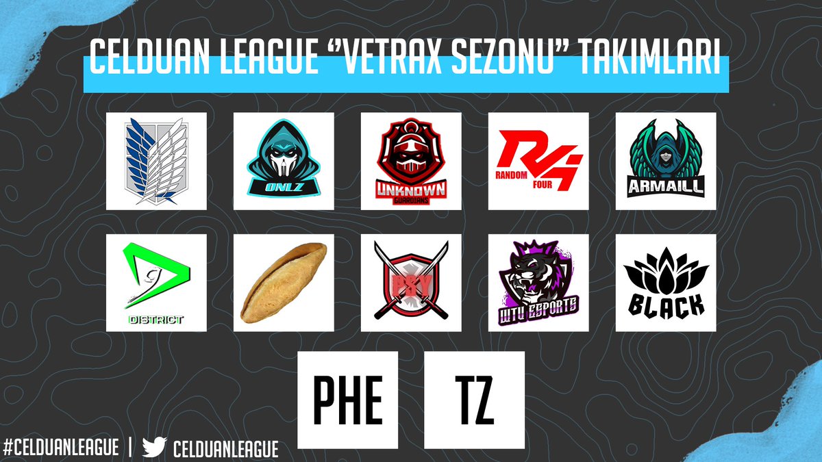 Celduan's tweet image. Karşınızda Celduan League Vetrax sezonu takımları!

⚪ Yeager Ackerman Esports
⚪ ONLZ Esports
⚪ Unknown Gaming
⚪ Random Four
⚪ Armaill
⚪ District 9
⚪ Ekmek Esports
⚪ PSY Esports
⚪ WTU Esports
⚪ BlackLotus Esports
⚪ Phantom Esports
⚪ Team Zero