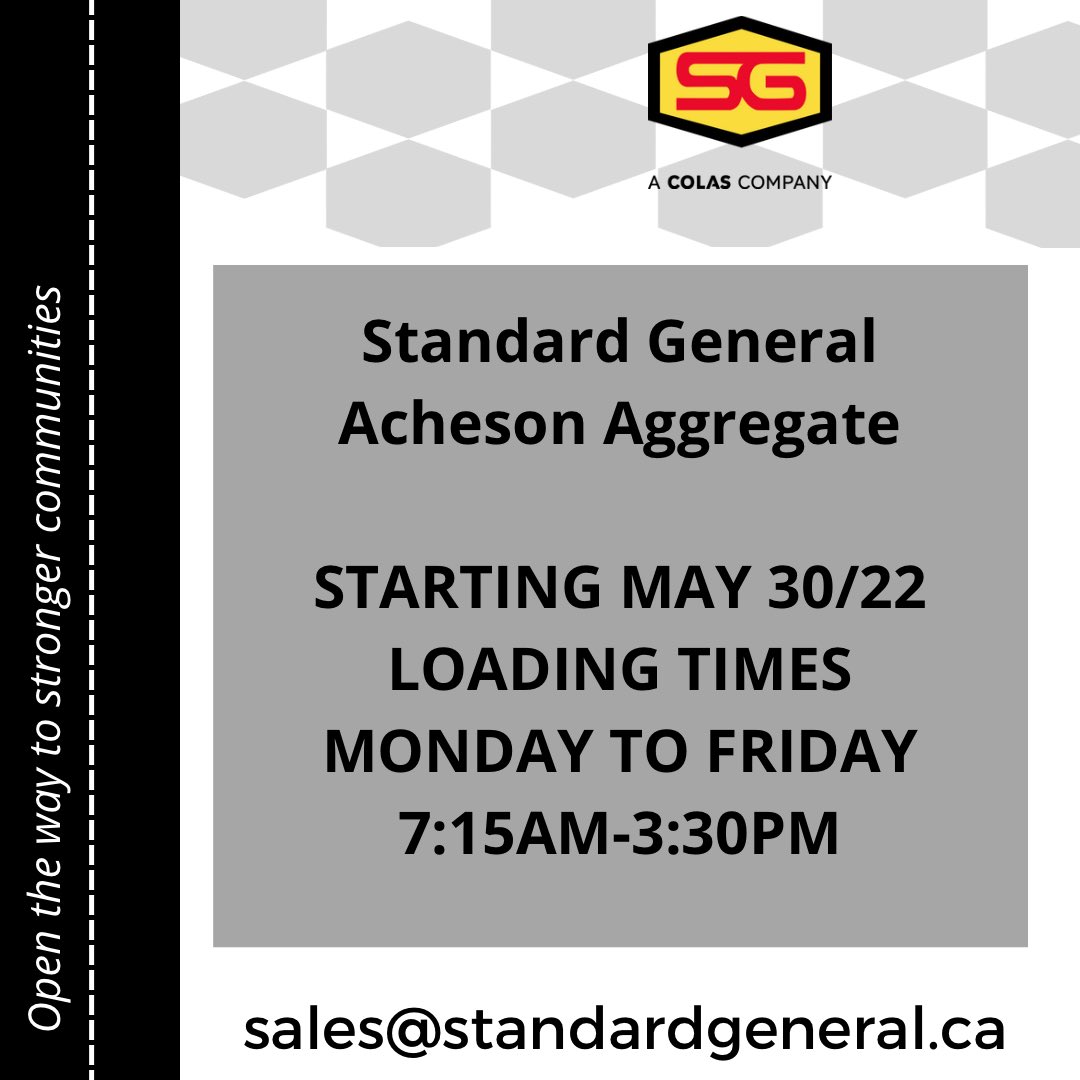 SGEdmonton's tweet photo. Our aggregate facilities are now loading 7:15-3:30 starting Monday! Email: sales@standardgeneral.ca for more information today.
#standardgeneral #YEG #yegconstruction #construction #aggregate #ordernow #spring #constructionseason #rock #roads #roadconstruction #wegotrock https://t.co/OUD6uOyOnA