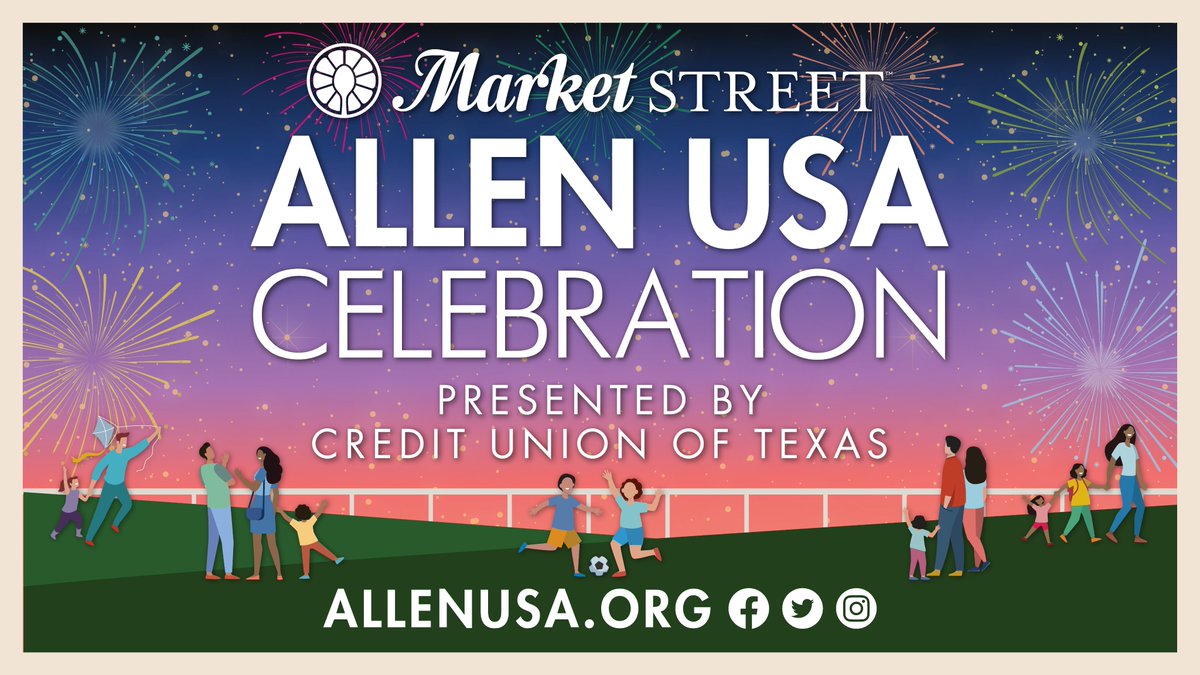 CityofAllenTX's tweet photo. SAVE THE DATE for the annual Allen USA Celebration! Join us on Saturday, June 25 at 7 p.m. as we celebrate the summer at Market Street Allen USA Celebration presented by Credit Union of Texas!

Check out the schedule here: https://t.co/2UtSa4FSz7 https://t.co/dkQa5wD3Wp