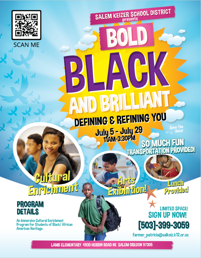 The Office of Student Equity, Access, and Advancement is happy to present Defining &amp; Redefining You: Bold Black, and Brilliant Summer Enrichment Camp for our incoming 3rd through 8th-grade students!  Scan the QR Code to register!