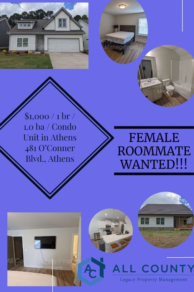 AllCountyLegacy's tweet photo. Another Listing!!!

Available Now

FEMALE ROOMMATE WANTED!!! Fully furnished bedroom with private bathroom in SHARED house!! Room is furnished with bed, desk, and TV mounted on the wall. Very large walk-in closet. Common areas include a full furnished living room and kitchen. https://t.co/icd6sglsiG