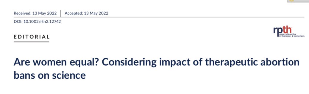 MaryCushmanMD's tweet photo. 🧵🧵 Time 🧵🧵
My new @RPTHjournal editorial: Are Women Equal? Considering Impact of Therapeutic Abortion Bans on Science. #hemetwitter #medtwitter #WomenInScience 
https://t.co/lo0roCjGID https://t.co/VV2ttZK6zQ