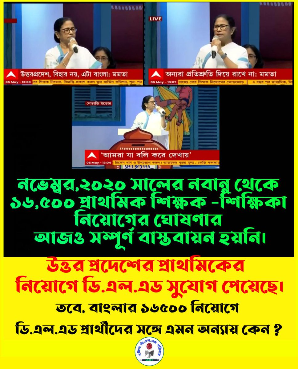 <a href="/MamataOfficial/">Mamata Banerjee</a> মহামান্য যোধপুর হাইকোর্টের রায় সুপ্রিম কোর্টে বহাল থাকা সত্ত্বেও পশ্চিমবঙ্গে 16500 নিয়োগে DELED কেন আজও বঞ্চিত ? তাই মাননীয়া মুখ্যমন্ত্রীর দ্রুত হস্তক্ষেপ কামনা করছি এবং সমস্ত নট ইনক্লুডেড DELED প্রার্থীদের নিয়োগের দাবি জানাচ্ছি।
#SAVE16500NOTINCLUDEDDELED
