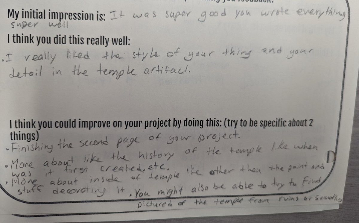 charityhelman's tweet photo. I am reading through the feedback my Ss gave each other and I am so thrilled! Specific was achieved. They engaged and were considerate in their shares. #feedback #aztecproject @CalgaryAcademy https://t.co/cddEuSnRCR