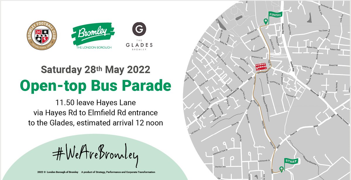 A reminder of tomorrow's route, departing Hayes Lane at 11.50am before arriving at <a href="/TheGladesBrom/">The Glades, Bromley</a> at midday.

Let's pack Bromley!

#WeAreBromley