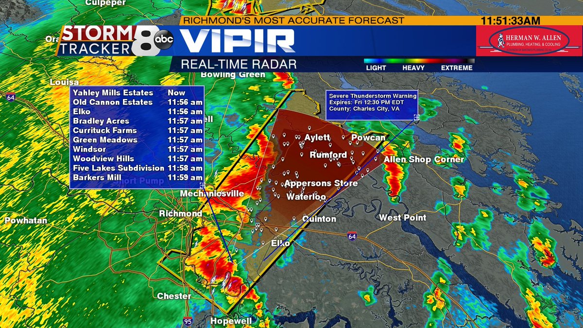 8NewsWeather's tweet photo. A Severe Thunderstorm warning has been issued for Chesterfield, Henrico, Charles City, New Kent, Hanover, King William and King &amp; Queen counties until 12:30pm 
Full forecast https://t.co/y34AjdOgzo #RVA #RVAWX #VAWX #8News https://t.co/mNphQAi6X5