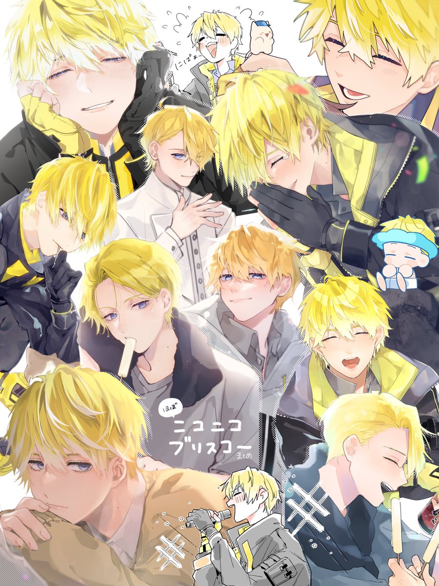 blonde hair male focus short hair smile shirt food gloves  illustration images