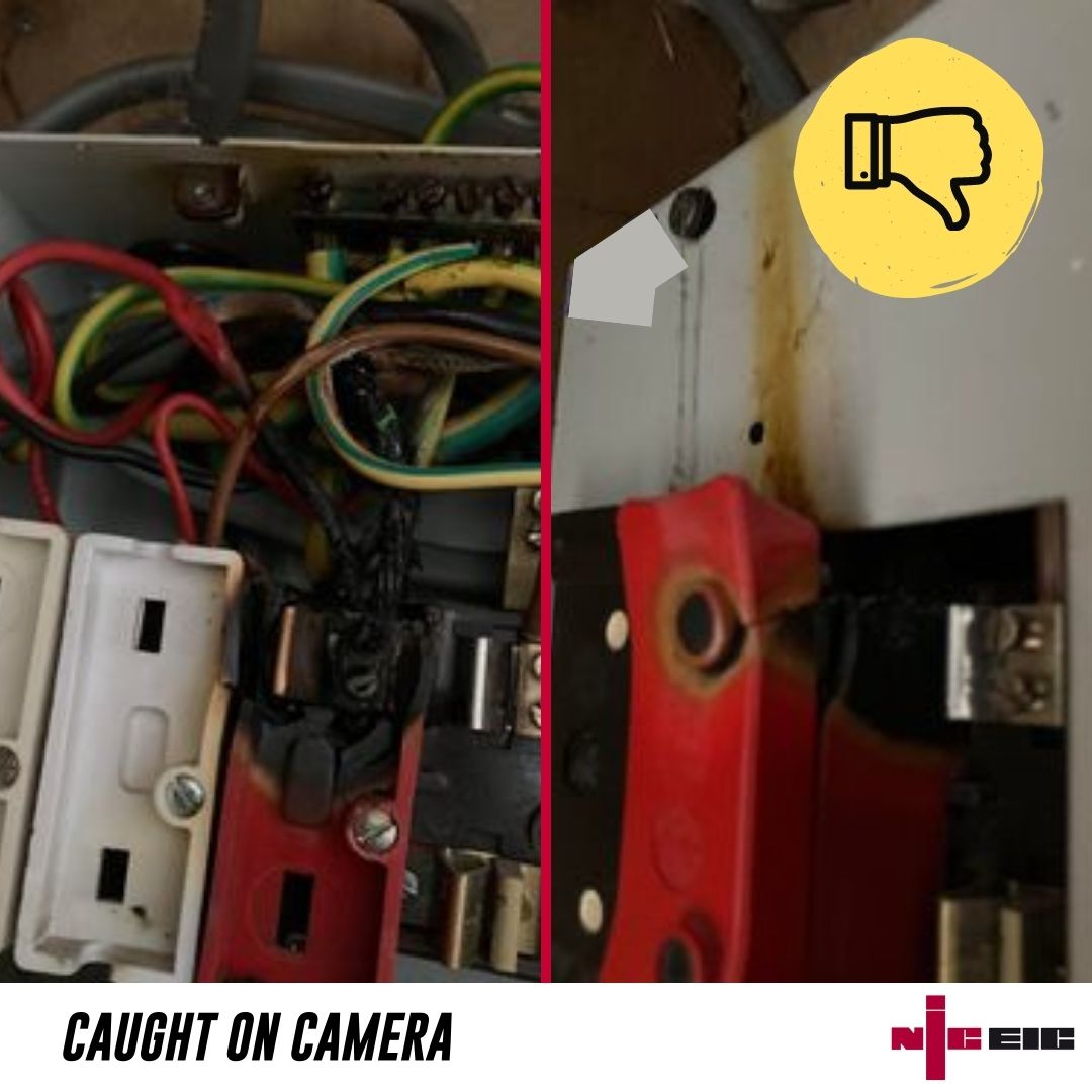 We got another one... #CaughtOnCamera

Use an NICEIC certified Electrical Contractor to ensure work is completed to the relevant Regulations and Standards. Share to keep your customers safe. #ElectricalSafety 

Share to keep your customers safe.