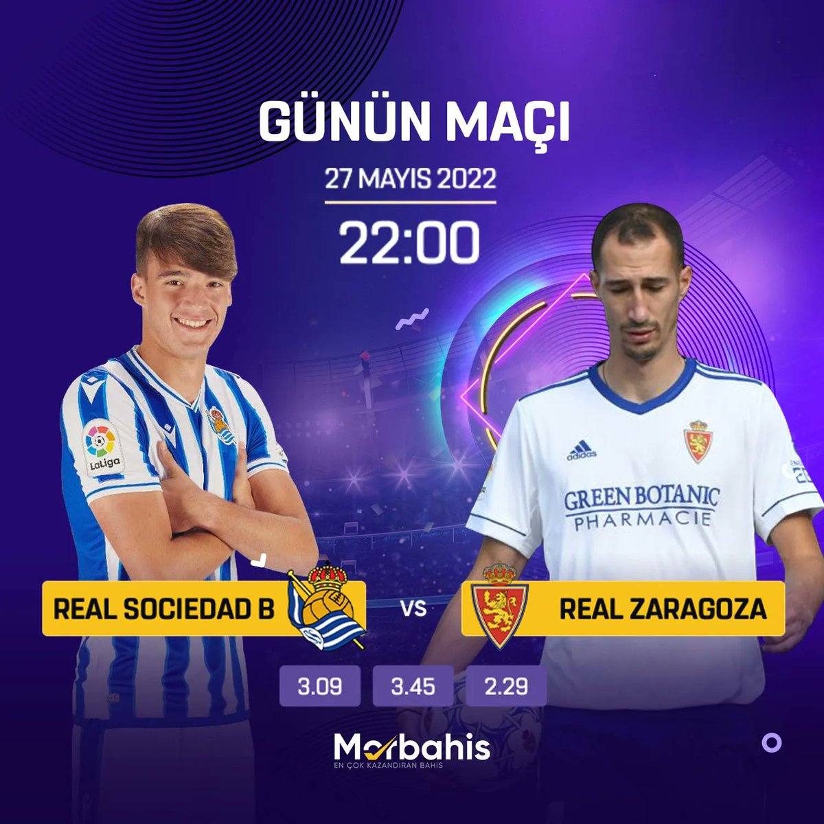 📢 En yüksek oranlarla @morbahis'e gelen kazanmaya devam ediyor! ⚽️ REAL SOCIEDAD 🆚 ZARAGOZA ⚽️ ⏲ 22:00 📍 Reale Arena 👾 Çevrimsiz %50 Spor FreeBet 💵 #MorOranlarSendenYana - buff.ly/3kqW7Ug