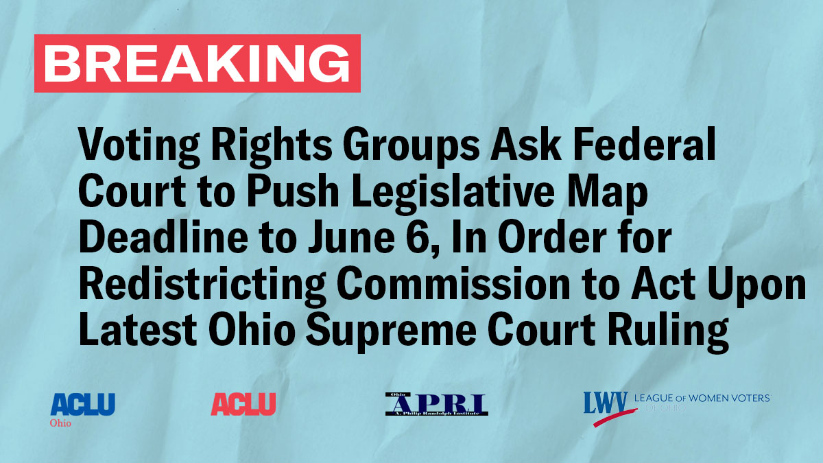 🚨We just filed a motion asking the federal court stay its hand until 6/6 so that the <a href="/OHSupremeCourt/">Supreme Court of Ohio</a>'s 5/25 order can be considered before the court intervenes in Ohio’s legislative redistricting process by imposing an already rejected map onto voters for the '22 election cycle.