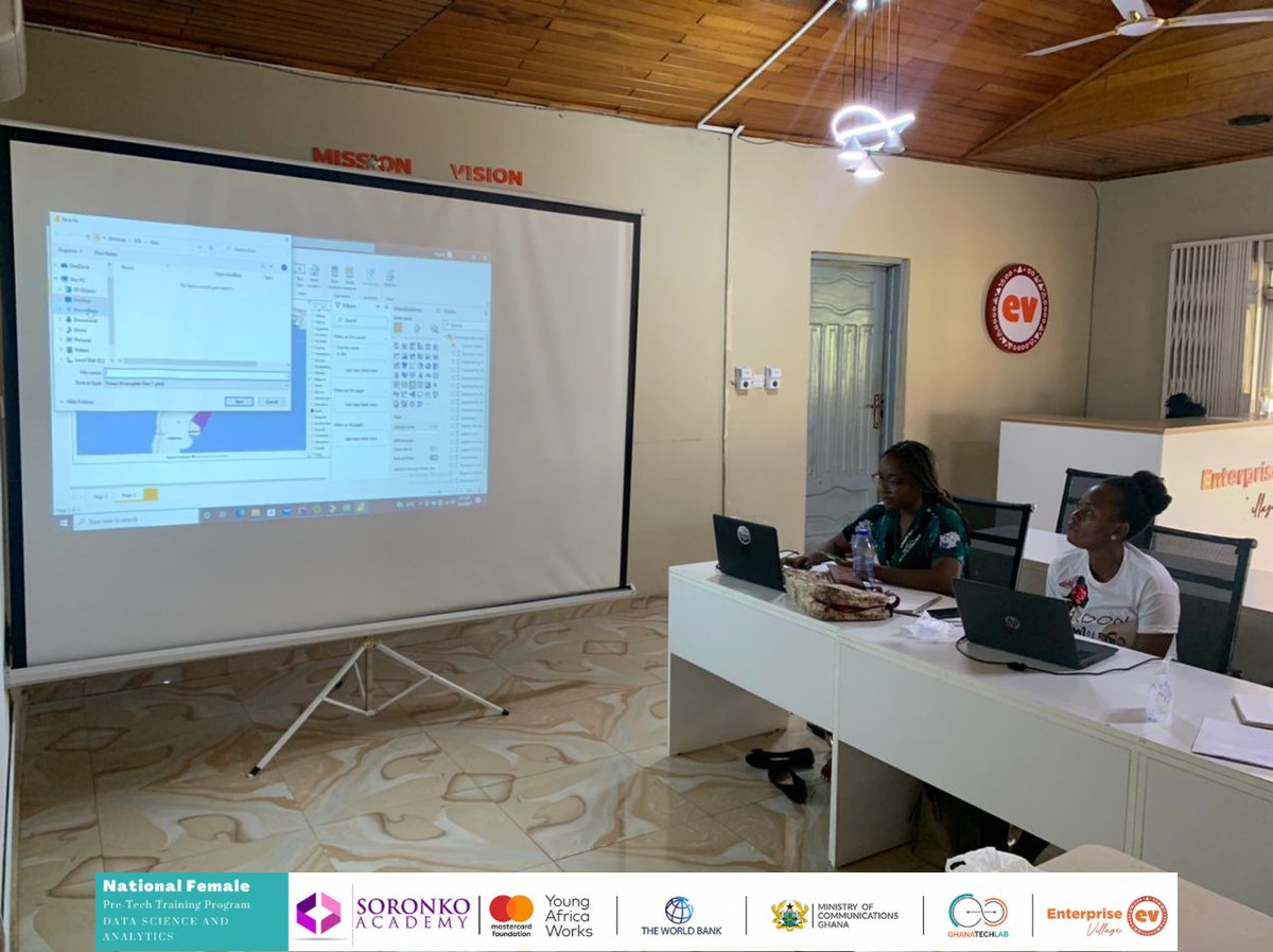 EVhubaccra's tweet image. National Female Pre-tech training - Day 5
The trainer took the ladies through the visualization types in power bI. They learnt how to use the power bI with maps, and how to export a report to power bI
#soronkoimpact #gtlimapct #datascienceandanalytics #evimpact