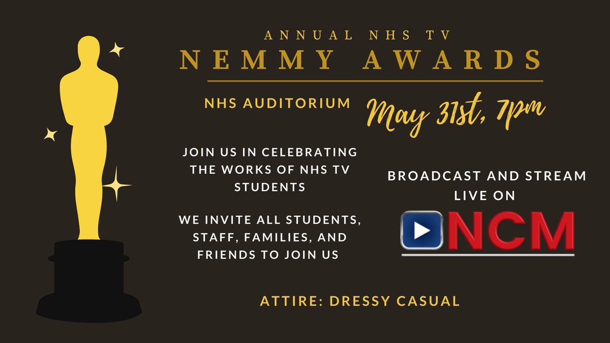 NHS-TV will present the Nemmy Awards Tuesday, May 31st in the NHS Auditorium.  To join the celebration of  the students hard work, you can watch on the NCM Community Channel or stream live at reflect-npa.cablecast.tv/cablecastapi/l…  

<a href="/TVNHS/">NHS-TV</a> <a href="/NorwoodSchools/">NPS</a>