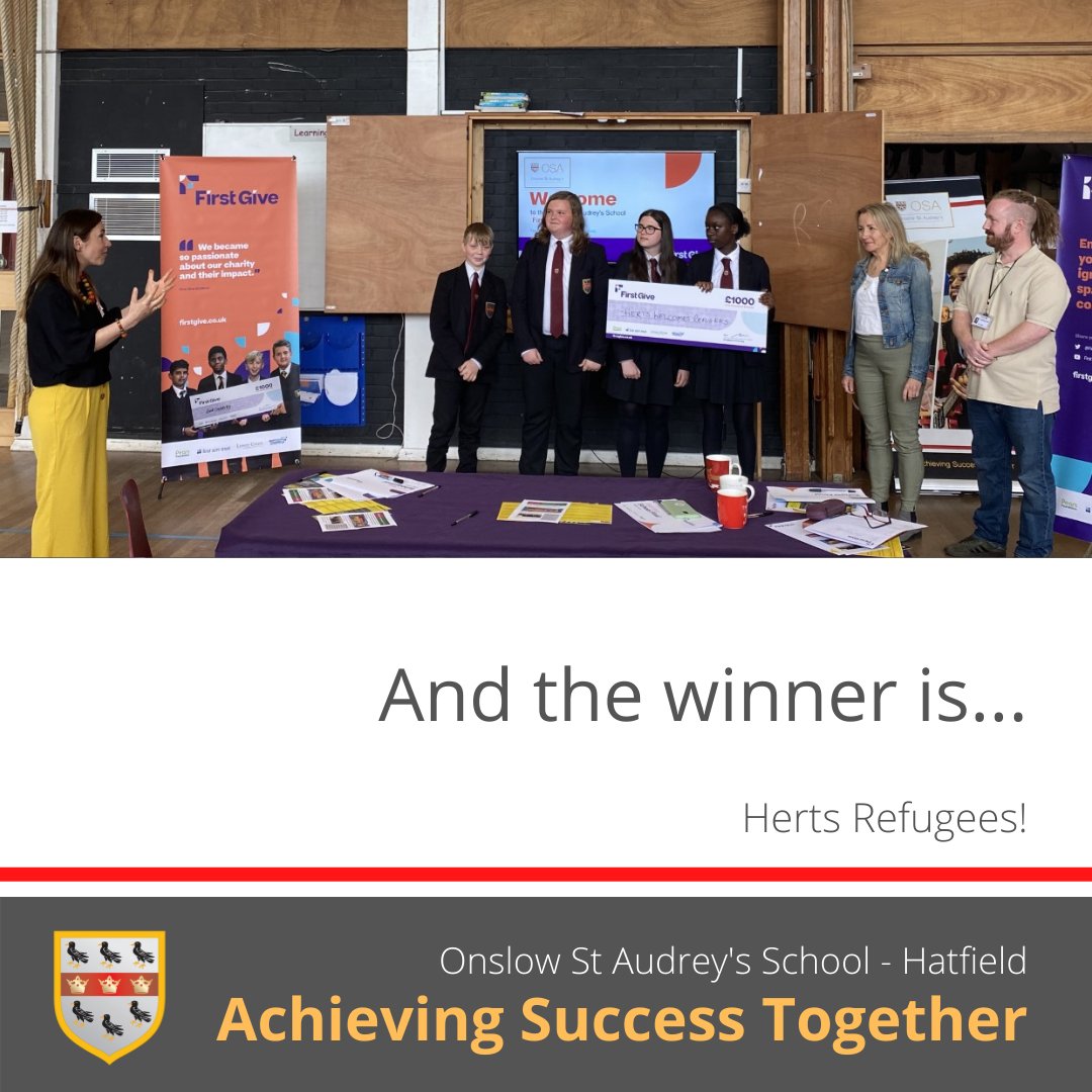 OnslowStAudreys's tweet photo. Congratulations to our winners of the @First_Give £1000 giveaway - Herts Refugees!
A huge well done to all students involved in this wonderful project - some fantastic #Oracy and #PresentationSkills on display 👏👏👏 https://t.co/MD5tcXr3C9