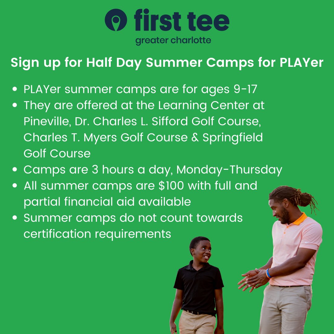FirstTeeGC's tweet image. Don't forget to register for our PLAYer Half Day Summer Camps! These camps are designed for participants between the ages of 9 and 17. Each camp is $100 and equipment is provided. Visit our website today to view the schedule and register today!