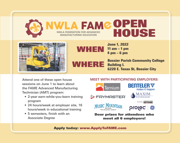 theNLEP's tweet photo. Help us spread the word about next week's open house for NWLA FAME! This is the perfect opportunity to meet with participating employers and learn more about joining the program to kickstart a career in advanced manufacturing. 
June 1, 11a- 1p &amp; 4p-6p, @BPCCCavs, Building L https://t.co/0jrmHyVuWr