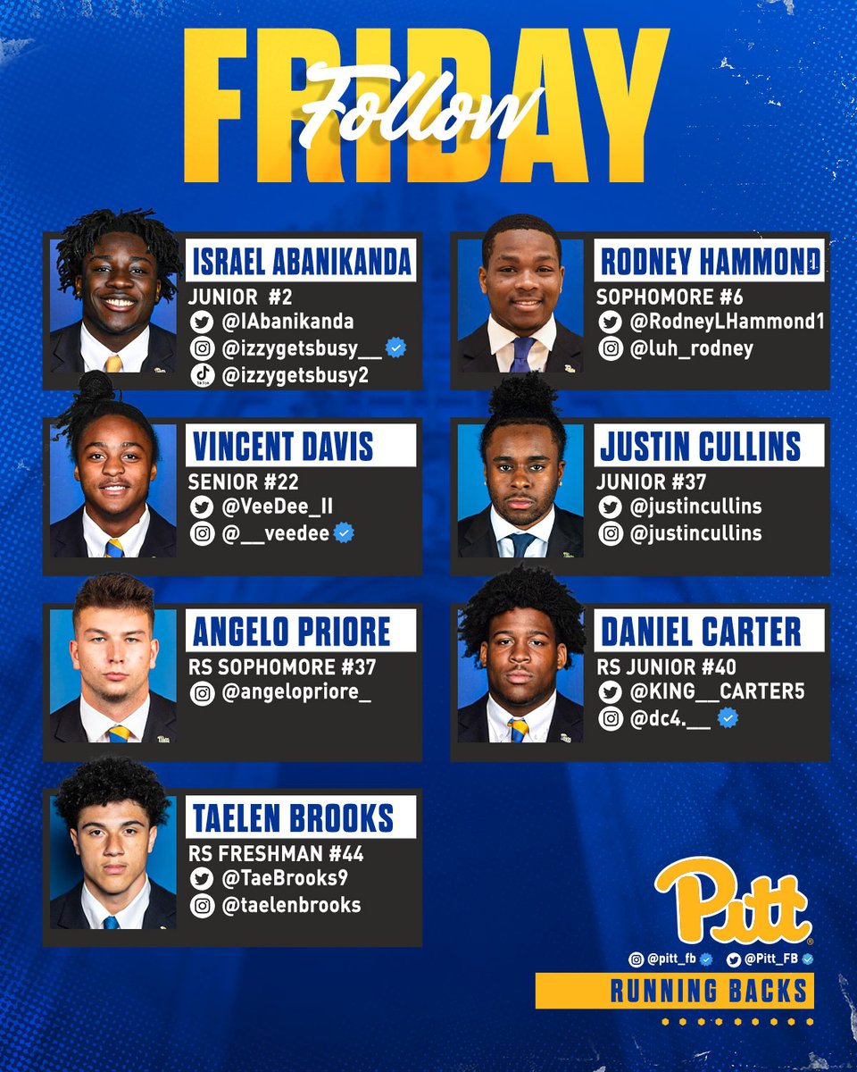 Pitt_FB's tweet photo. Big things coming for these guys ⌛

Follow the RB on social media 📲

#H2P » #FollowFriday https://t.co/nPoEE4RUxd