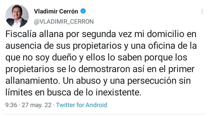 MundosurI's tweet photo. La Fiscalía de Lima y Policía Nacional allana por segunda vez una  propiedad y una oficina en Huancayo adjudicada por el líder de Perú Libre Vladimir Cerrón por el presunto delito de lavado de activos. 
Vladimir Cerrón y el partido Perú Libre se pronunciaron al respecto. https://t.co/5iT1sP1p7T