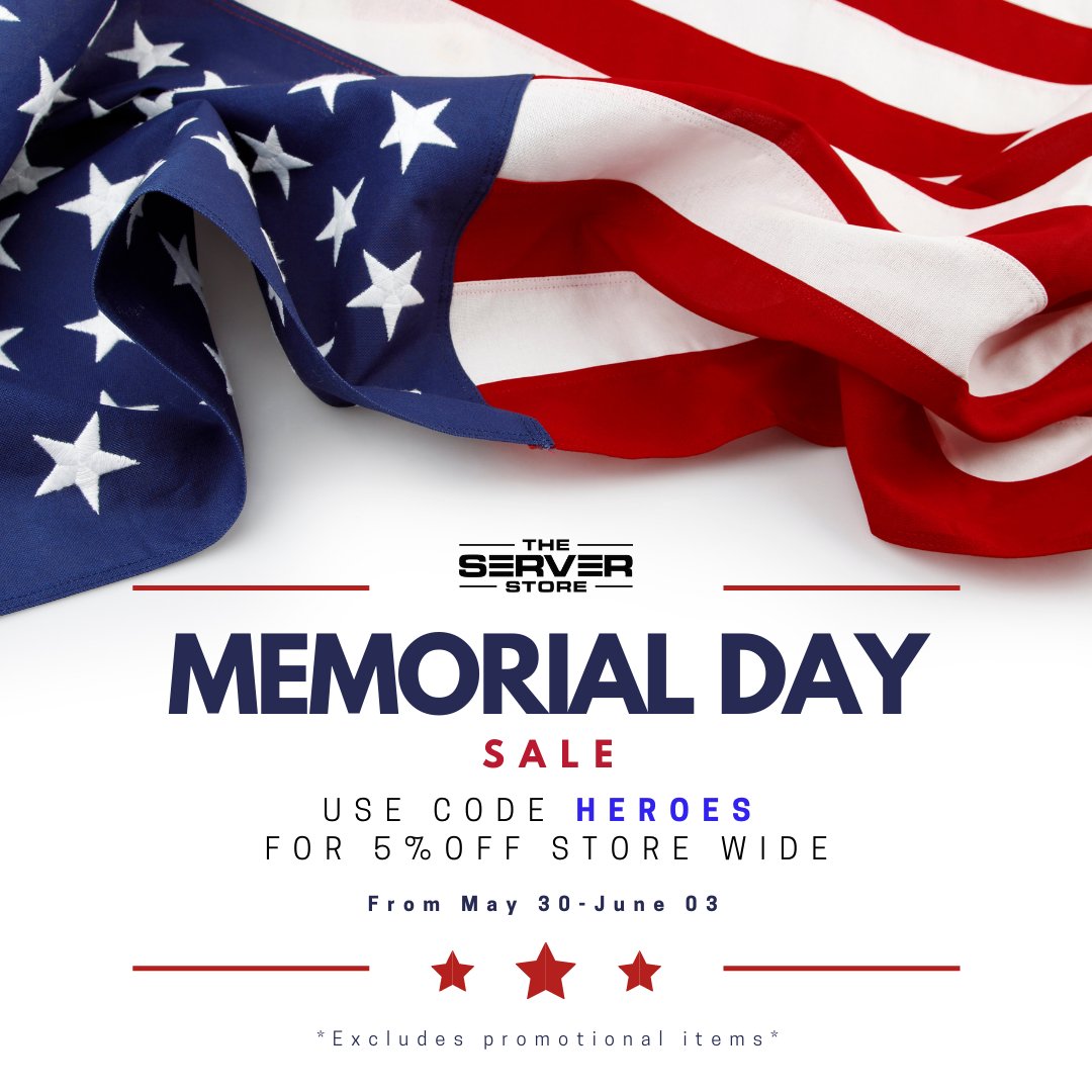 TheServerStore1's tweet photo. #MemorialDay sale @TheServerStore1! Use code HEROES at checkout for 5% off your total purchase from May 30 to June 03!

⭐⭐⭐

Visit https://t.co/LV9BtvriZz and save on your custom #serverbuilds!

#It #tech #enterpriseIT #datacenter #serverstacks #IThardware #MemorialDaySale https://t.co/LSawwwdq6W