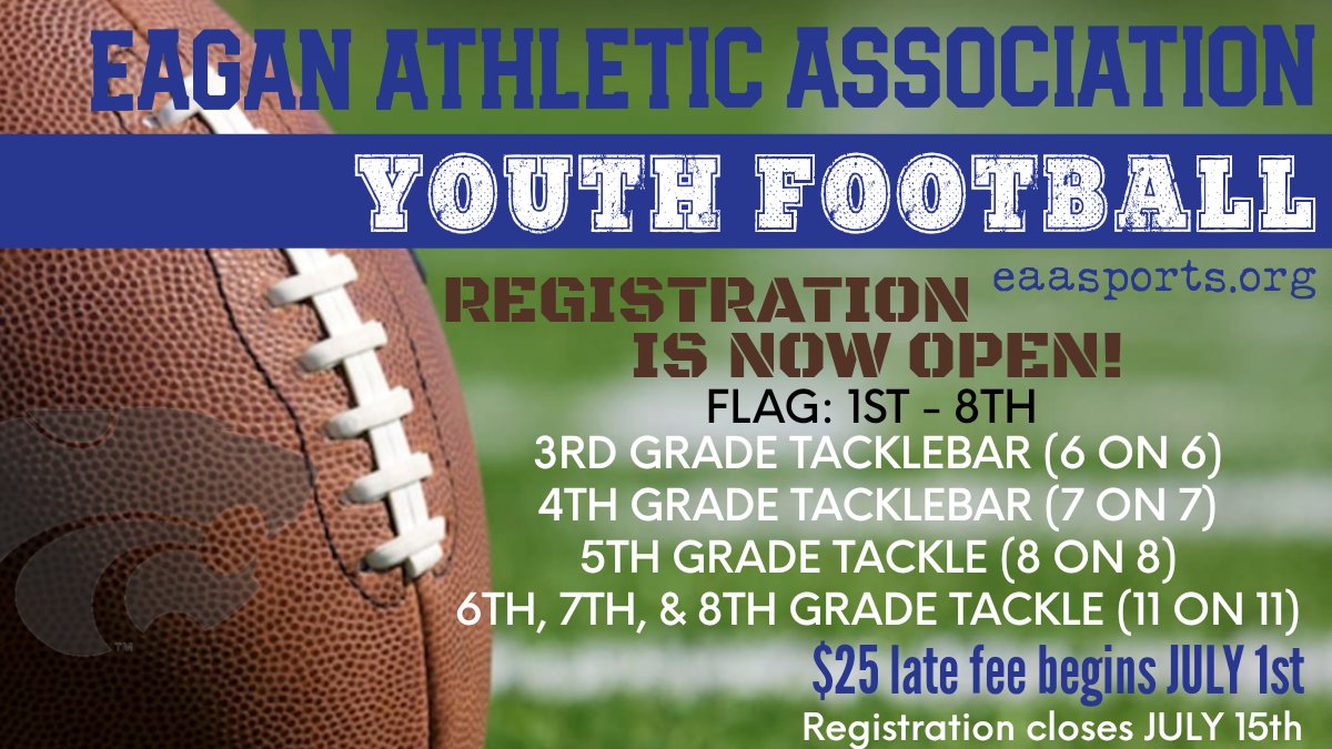 EAAFootball's tweet photo. Eagan families - 

Registration for fall youth football is now open!

*When registering, select the grade your child will be going into THIS coming fall*

https://t.co/J7RR4Nb2NO https://t.co/GLdWoiczTl