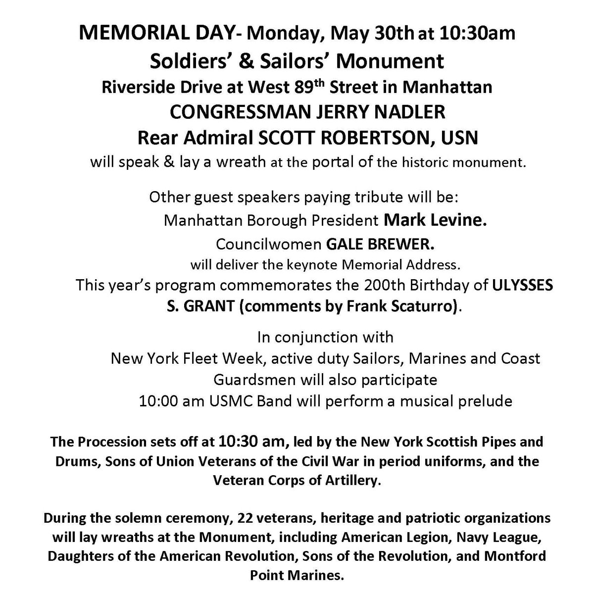 Grantstomb's tweet photo. Join the Soldiers and Sailors Memorial Association and the Grant Monument Association on Memorial Day, Monday, 5/30. Ceremony at NYC's Soldiers and Sailors Monument on Riverside Dr. at W. 89 St. starts 10:30 (1/2)#civilwar #potus18 #generalgrant #USGrant200 #grant200 #MemorialDay https://t.co/u4Sel0D3ig